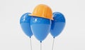 Celebration party balloon wearing a yellow construction hard hat. labor day background. 3D Rendering