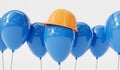 Celebration party balloon wearing a yellow construction hard hat. labor day background. 3D Rendering