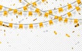 Celebration party banner. Golden and silver foil confetti and flag garland. Vector illustration