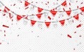 Celebration party banner. Red and silver foil confetti and flag garland. Vector illustration