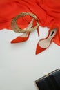 Celebration party female outfit collection red dress shoes accessori