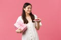 Celebration, party holidays and fun concept. Dreamy happy pretty birthday girl in white dress, smiling and looking away Royalty Free Stock Photo