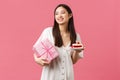 Celebration, party holidays and fun concept. Dreamy happy pretty birthday girl in white dress, smiling and looking away Royalty Free Stock Photo