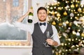 man with bottle of champagne at christmas party Royalty Free Stock Photo