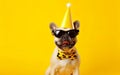 Celebration poster. Cute dog in party hat and sunglasses over yellow background. AI Generative Royalty Free Stock Photo