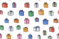 Celebration. Seamless pattern. Bright gift boxes. Hand drawn. Minimalist style Royalty Free Stock Photo