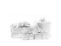 Celebration silver gift boxes with ribbon flower bow Royalty Free Stock Photo