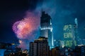 Ho Chi Minh City, Vietnam,february 4, 2019: Lunar New Year celebration. Skyline with fireworks light up sky over business district Royalty Free Stock Photo