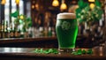 Traditional Irish pub with pint of frothy golden Irish beer on the wooden bar counter Royalty Free Stock Photo