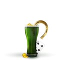 Celebration and st patricks day concept - glass of green beer with foam, horseshoe and gold coins and playing card 7 on table. Royalty Free Stock Photo