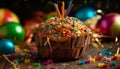 Celebration of sweet gourmet dessert, multi colored candy on decorated table generated by AI Royalty Free Stock Photo