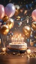 Celebration tableau Birthday cake, candles, and balloons create festive ambiance