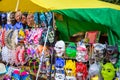 Borovsk, Russia - August 18, 2018: Trading tent, selling masks of sup