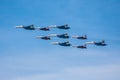 Celebration of the 68th anniversary of the Victory Day (WWII). Flight of aircraft over the city