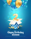 Celebration of 2 th years birthday vector 3d illustration. Second years anniversary celebrating. Open gift box with number two