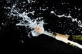 Celebration theme with explosion of splashing champagne sparkling wine on black background.