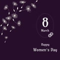 Celebration theme for international happy women\'s day on 8 march with flying dandelion on dark violet background for wishes card,