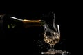 celebration theme with splashing champagne in filling wineglass with bottle on black background, neural network