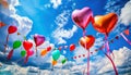 Celebration Valentine's Day card, heart balloons, clouds, festive, romantic, ribbons, love, party, cheerful, outdoor