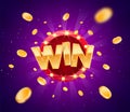 Celebration win gold text on retro red board vector banner. Win congratulations in frame illustration for casino or