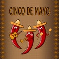 Celebratory background Cinco De Mayo, with three cartoon peppers