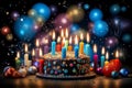 Celebratory Birthday Cake with Colorful Candles, Vibrant Balloons, and Sparkling Confetti