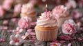 Celebratory Birthday Cupcake with Pink Decoration and Candle Royalty Free Stock Photo