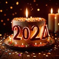 Celebratory cake with candles and wording 2024