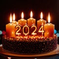 Celebratory cake with candles and wording 2024