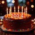 Celebratory cake with candles and wording 2024