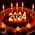 Celebratory cake with candles and wording 2024