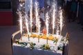 Celebratory cake with fireworks Royalty Free Stock Photo
