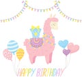 Celebratory card with cute llama, gift, balloons and garlands.