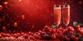 Celebratory champagne flutes amidst fresh strawberries. romantic toasting glasses, sparkling beverage, festive