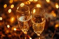 Celebratory Champagne Flutes with Golden Bokeh. Royalty Free Stock Photo