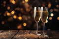 Celebratory champagne glasses on a wooden table with bokeh lights. Copy space