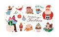 Celebratory christmas set with decorations, snowman and santa claus. Xmas cute nutcracker, cat, angel, letter, cake and