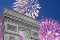 Celebratory colorful fireworks over the Arc de Triomphe, Paris, France