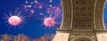 Celebratory colorful fireworks over the Arc de Triomphe, Paris, France.