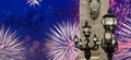 fireworks over the Lamp posts on Alexander III Bridge. Paris, France Royalty Free Stock Photo