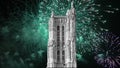 Celebratory colorful fireworks over the Saint-Jacques Tower (Tour Saint-Jacques).Paris, France