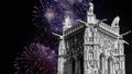 Celebratory colorful fireworks over the Saint-Jacques Tower (Tour Saint-Jacques).Paris, France