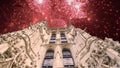 Celebratory colorful fireworks over the Saint-Jacques Tower (Tour Saint-Jacques).Paris, France