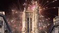 fireworks over the Saint-Jacques Tower (Tour Saint-Jacques). Paris, France.