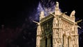 Celebratory colorful fireworks over the Saint-Jacques Tower (Tour Saint-Jacques).Paris, France