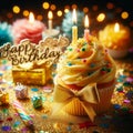 Celebratory Delight: Happy Birthday Cupcake with Candle on Glittery Colorful Background Royalty Free Stock Photo