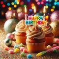 Celebratory Delight: Happy Birthday Cupcake with Candle on Glittery Colorful Background Royalty Free Stock Photo