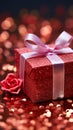 Celebratory elegance Red gift box nestled in shimmering holiday tinsel