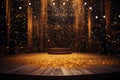 A celebratory and festive ambiance is unmistakable as a podium is spotlighted on a wooden stage, with golden particles adorning Royalty Free Stock Photo