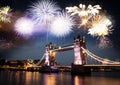 celebratory fireworks over Tower Bridge - New Year destination. London. UK Royalty Free Stock Photo